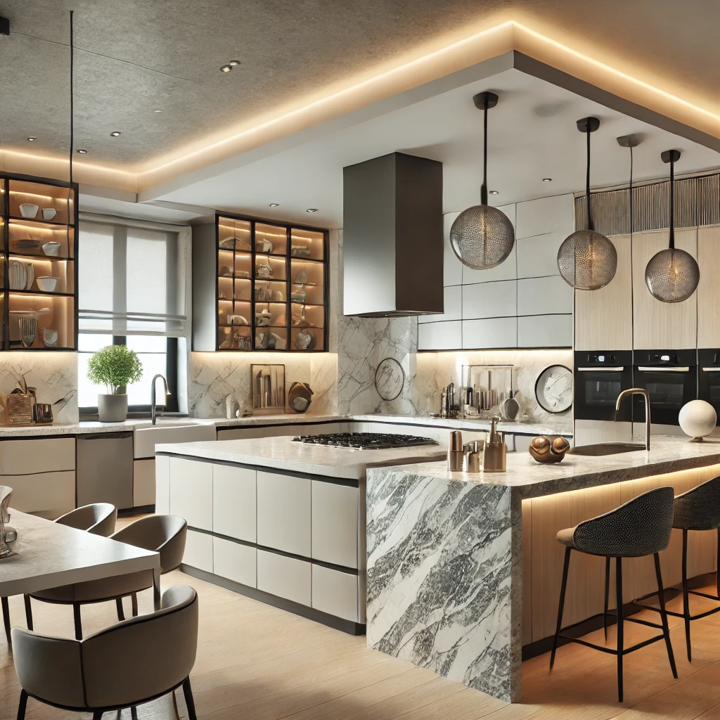 DALL·E-2024-10-05-17.05.55-Modern-kitchen-with-granite-quartz-and-porcelain-countertops-showcasing-different-materials-for-a-stylish-and-functional-design.-Bright-lighting-an ¡Transforma tu Cocina con los Mejores Materiales en Di'Como Cocinas!