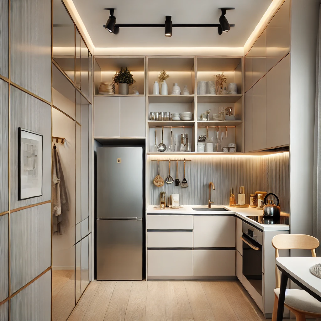 DALL·E-2024-10-05-17.05.57-Small-but-modern-and-functional-kitchen-with-smart-storage-solutions-integrated-appliances-and-light-colors-to-create-a-spacious-and-stylish-atmosph ¡Transforma tu Cocina con los Mejores Materiales en Di'Como Cocinas!
