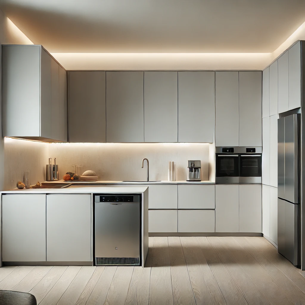 DALL·E-2024-10-05-17.05.59-Minimalist-kitchen-with-integrated-appliances-sleek-and-uniform-cabinetry-creating-a-modern-clean-look.-Hidden-refrigerator-dishwasher-and-microw ¡Transforma tu Cocina con los Mejores Materiales en Di'Como Cocinas!